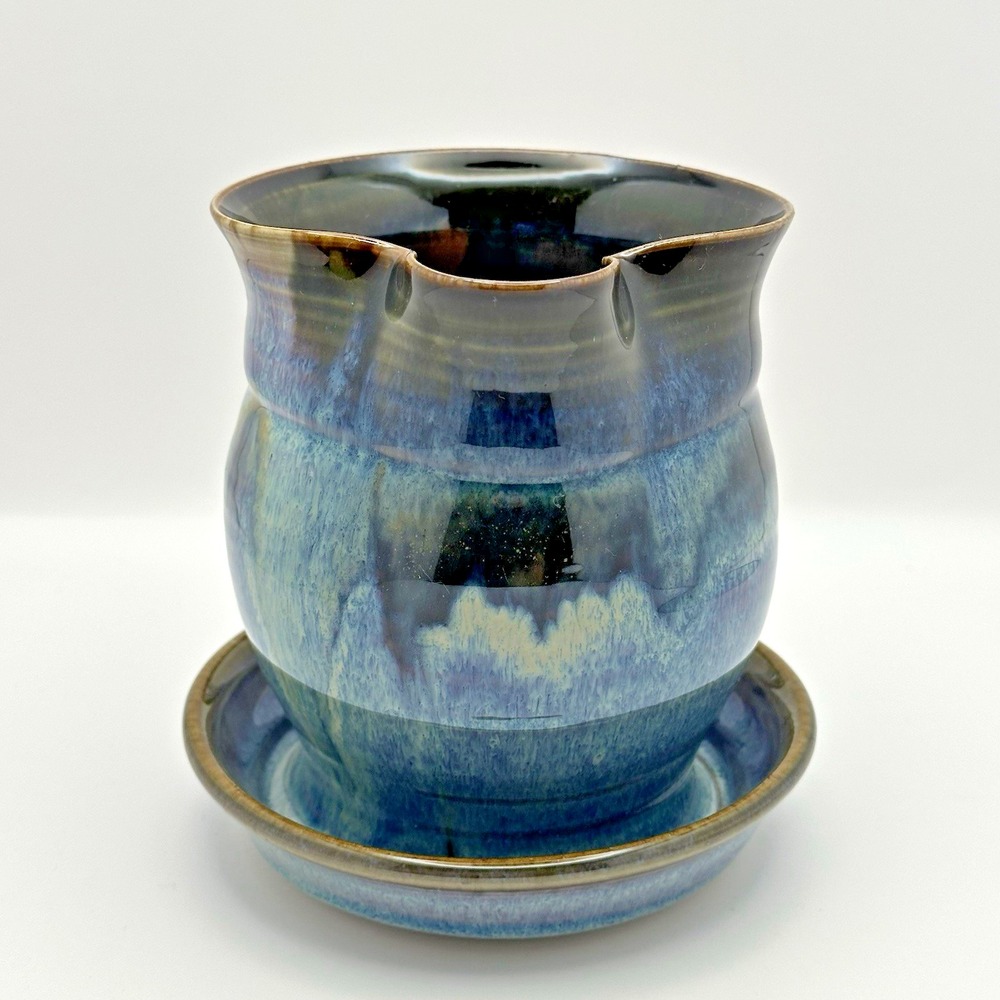Signed Studio Pottery Gravy Boat Attached Underplate Blue Teal Art Pottery - Picture 6 of 9